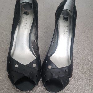 Carole Little Black Leather Peep Toe Heels SZ 9.5